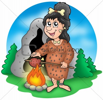 Cartoon prehistoric woman before cave