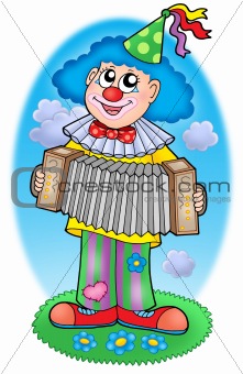 Clown with accordion on  meadow