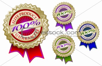 Set of Four Colorful 100% Elite Product Guarantee Emblem Seals With Ribbons.