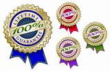 Set of Four Colorful 100% Lifetime Guarantee Emblem Seals With Ribbons.