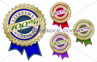 Set of Four Colorful 100% Lifetime Guarantee Emblem Seals With Ribbons.
