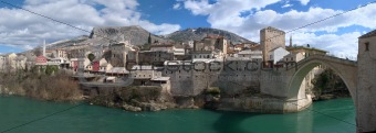 Panorama of Mostar Old Town East Side with Old Bridge