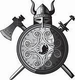 Helmet, sword, axe and Shield of Vikings