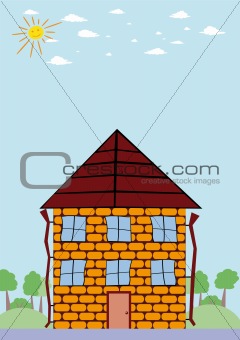 cartoon house and smiling sun