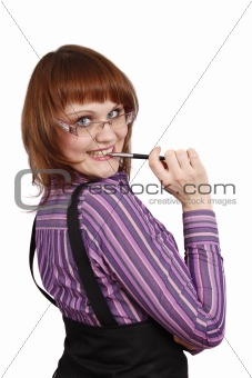 Idea. Happy successful business woman with pen. 