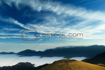beautiful clouds fly over the grassland in high mountain.