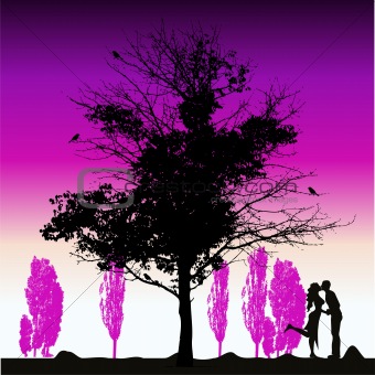 Couple silhouette, big tree old