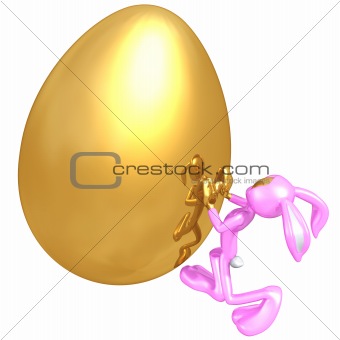 Easter Bunny Pushing Giant Gold Easter Egg