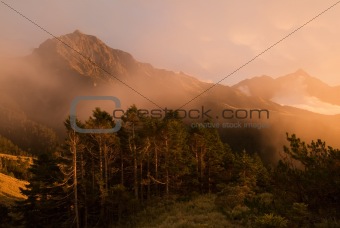 Golden mist mountain landscape full of power.