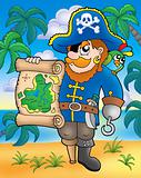 Pirate with treasure map on beach