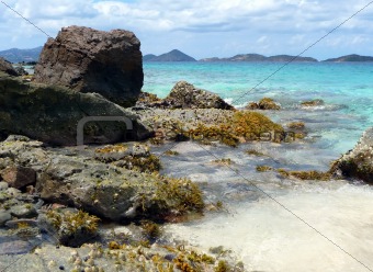 Rocky tropical beach with coral outcroppings
