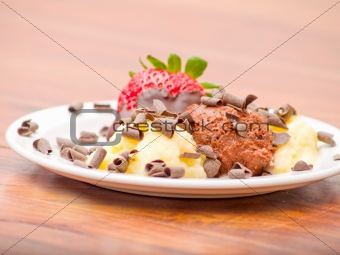 Delicious icecream dessert on white plate
