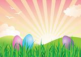 Colorful Easter Eggs in Spring Landscape