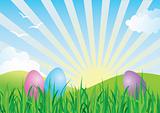Colorful Easter Eggs in Spring Landscape