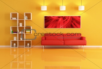 living room with bookcase and red leather sofa