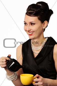 Smiling Stylish Lady in Classic Outfit Serving Coffee or Tea 