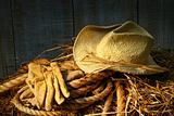 Straw hat with gloves on a bale of hay