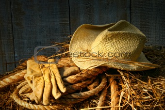 Straw hat with gloves on a bale of hay