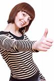 laughing girl in a T-shirt giving thumbs-up