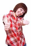 laughing girl in a shirt giving thumbs-up
