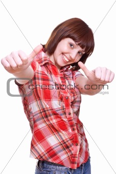 laughing girl in a shirt giving thumbs-up