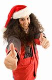 hispanic female wearing christmas hat and showing thumbs up