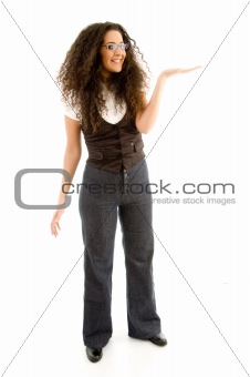 fashionable woman holding something with hand gesture