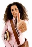 young female student with thumbs up