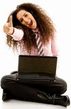 woman working on laptop with thumbs up
