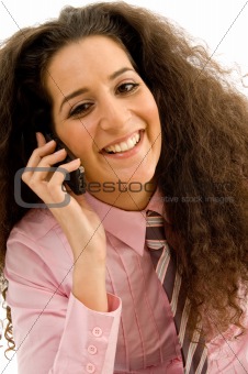 pretty female smiling and talking on phone