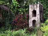 Stone tower in foliage on St. Kitts
