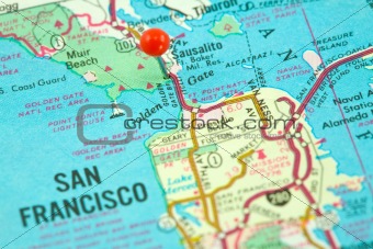 Map of San Francisco with Golden Gate Bridge Focused