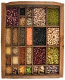 beans, grains, seeds in vintage typesetter box