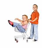 Laughing kids with shopping cart