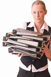 Young woman with many filing folders