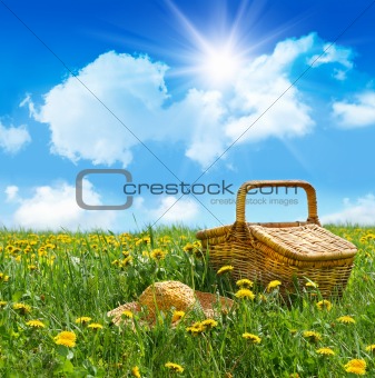Summer picnic basket with straw hat in a field