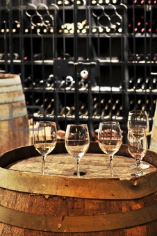 Wine  glasses and barrels