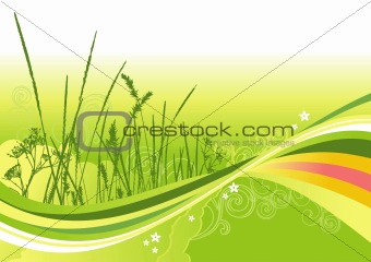 grass, flowers and abstract lines background / vector