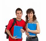 Two students with books and backpacks