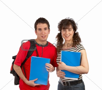 Two students with books and backpacks