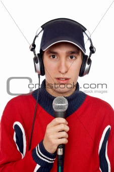 Disc jockey with headphones and microphone