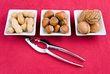 walnuts, hazelnuts and peanuts in three bowls
