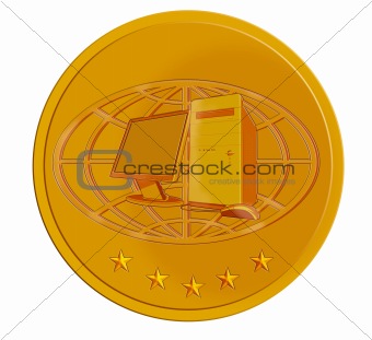 gold medallion with computer