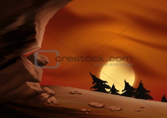 Red sky and cave