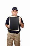 Courier holding the empty chalkboard