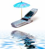 Phone as chaise longue and umbrella isolated on white with reflection on water