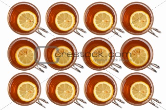 Glass cups of tea background