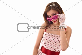 Life in pink glasses. Funny young woman