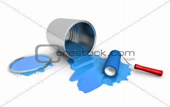 paint roller, blue can and splashing