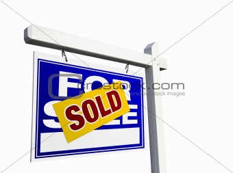 Blue Sold For Sale Real Estate Sign Isolated on White.